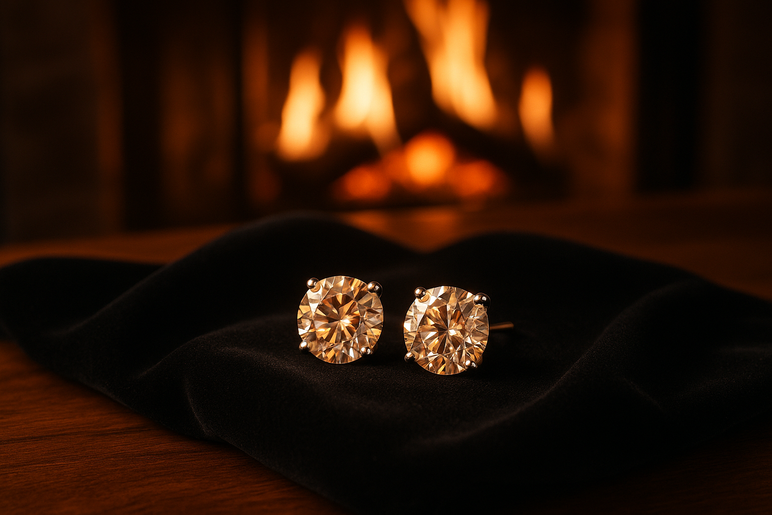 7.5mm diamond earrings on table with black cloth with chimney fire in background